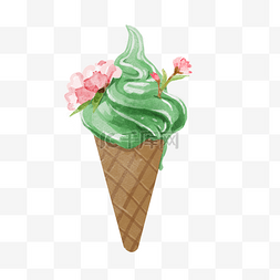 手绘水彩夏天卡通甜筒抹茶冰淇淋
