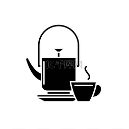 水壶和茶杯黑色图标, 矢量标志上