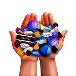 孩子的手图标图片_儿童手中堆放各种巧克力糖的逼真