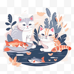 卡通猫吃鱼图片_扁平卡通插画装饰素材猫吃鱼