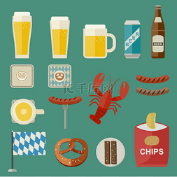 慕尼黑啤酒节矢量图标与啤酒、 