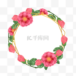 山茶花水彩粉色花卉金线边框