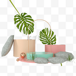 模拟出绿色讲台台阶和植物3d渲染
