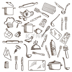杯子勺子图片_厨具和器具图标，包括锅、勺子和