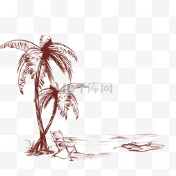 热带沙滩图片_素描夏日热带棕桐树海景和躺椅