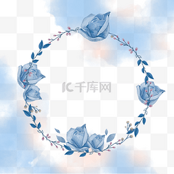 蓝色水彩玫瑰花环装饰边框