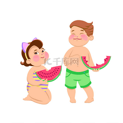 卡通儿童在白色背景下吃西瓜