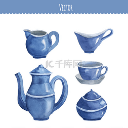 Set of watercolor ware. Teapot, cup, milk sel