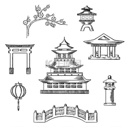 日本旅游素描风格的图标与传统的