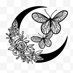 两只正面黑白蝴蝶花卉月亮剪影