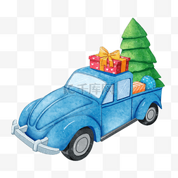 圣诞节蓝色卡车和礼盒水彩