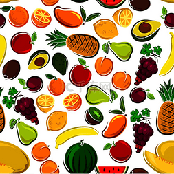 香蕉梨苹果图片_甜水果图案与无缝背景的橙子、苹