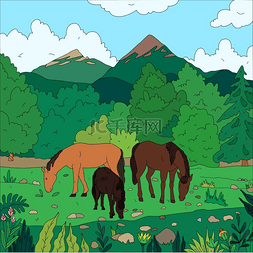 背景平面矢量图中有三匹牧马和山