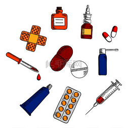药物、药物和药丸图标，带有胶囊