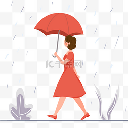 穿着橘红色裙子的女孩雨中打伞插