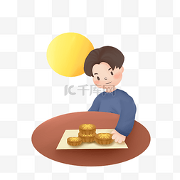 中秋中秋节吃月饼的男孩