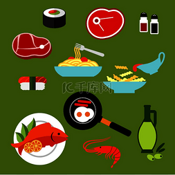 平面食品图片_寿司卷和 nigiri、意大利面和带酱