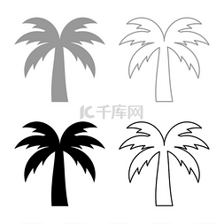 热带丛林岛图片_棕榈树轮廓岛概念集图标灰黑色矢