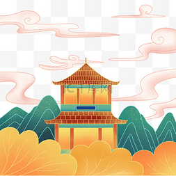 中式风景建筑图片_国潮中国风秋天景色风景
