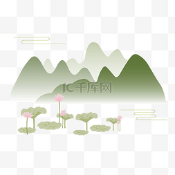 荷塘野鸭图片_中式水墨荷塘山峦山水