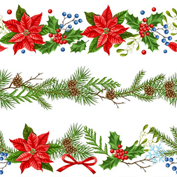 无缝图案搭配冬季植物圣诞快乐的