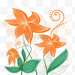 树枝线条画图片_花卉抽象线稿橙色花瓣叶子装饰