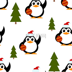 矢量图的冬季模式与小企鹅和树木