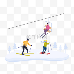 雪山滑雪运动的人扁平风格插画