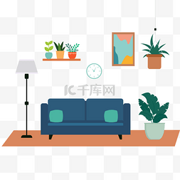 家具插画家具设计图片_客厅房间起居室扁平风格蓝色沙发