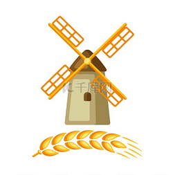 风车村图片_带有成熟小麦穗的谷物磨的插图农