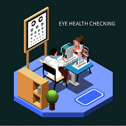 妇女在眼科办公室等距组合 3d 矢