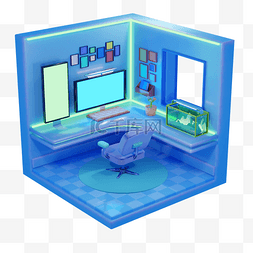3D立体蓝绿色男生电竞房