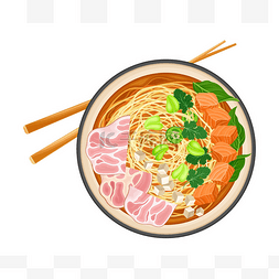 卡通筷子碗图片_亚洲风味汤，配面，鲑鱼和香草，