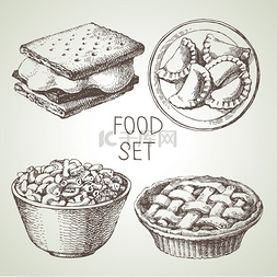 手绘食物素描集苹果派甜点、smores