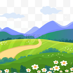 卡通景色图片_乡间小路草地和群山春季花卉风景