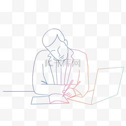 团队人物剪影矢量图片_彩色线条画坐在办公桌前的人物商