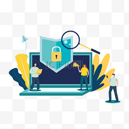 放大镜设计图片_计算机盾牌保护数据安全商务插画