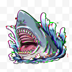 蓝色海水图图片_动物徽标故障风格鲨鱼图案