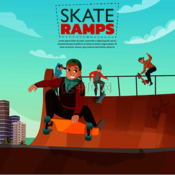 滑板坡道卡通海报与青少年骑滑板