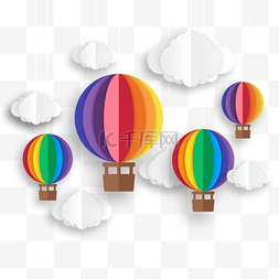 热气球热气球图片_雪白云朵旁的彩虹剪纸热气球