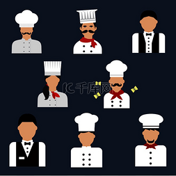 食品服务行业平面图标与厨师、制