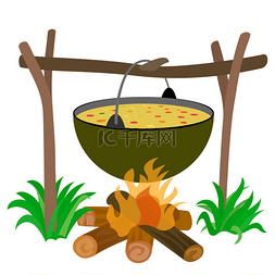 锅的汤在篝火旁