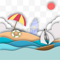 蓝色插画大海背景图片_剪纸风格帆船海上航行沙滩遮阳伞