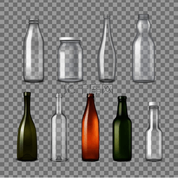 流体颜色图片_清空不同形状和颜色的玻璃瓶，用