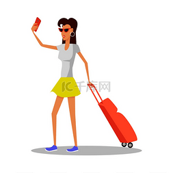 女人推车图片_暑假概念红头发女孩带着行李旅行