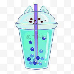 卡通清新蓝色背景图片_猫蓝色杯子冰镇饮料