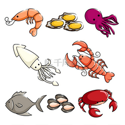 画虾图片_不同海洋动物图标的矢量图解
