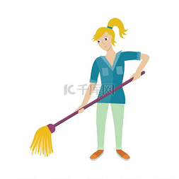 清洁公司的女工拿着扫帚..清洁服