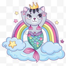 猫美人鱼彩虹云彩跳舞水彩画