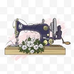 复古缝纫机鲜花装饰徽标